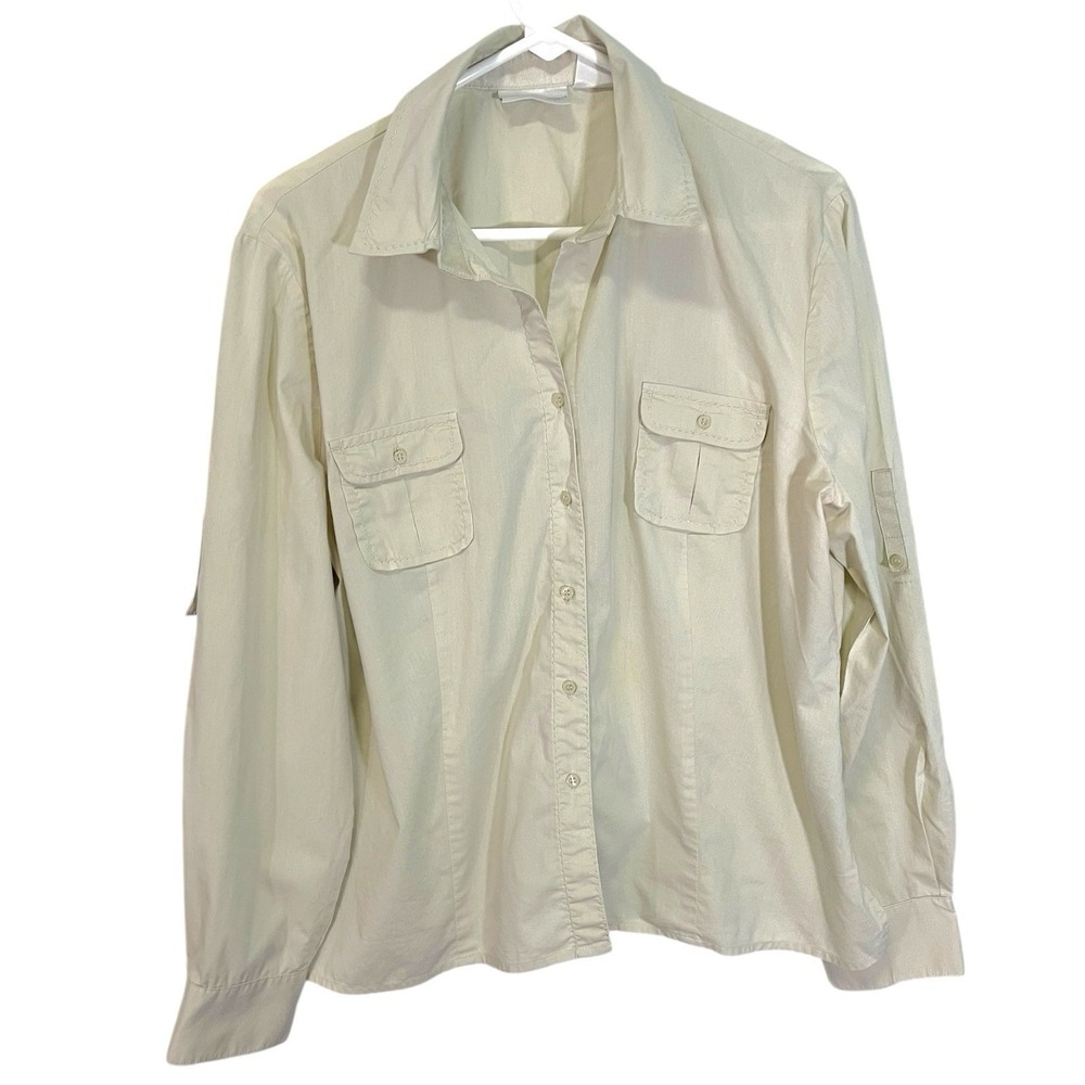 Worthington 14 Cream Button Down Shirt Roll Tab Sleeve Utility Safari Minimalist